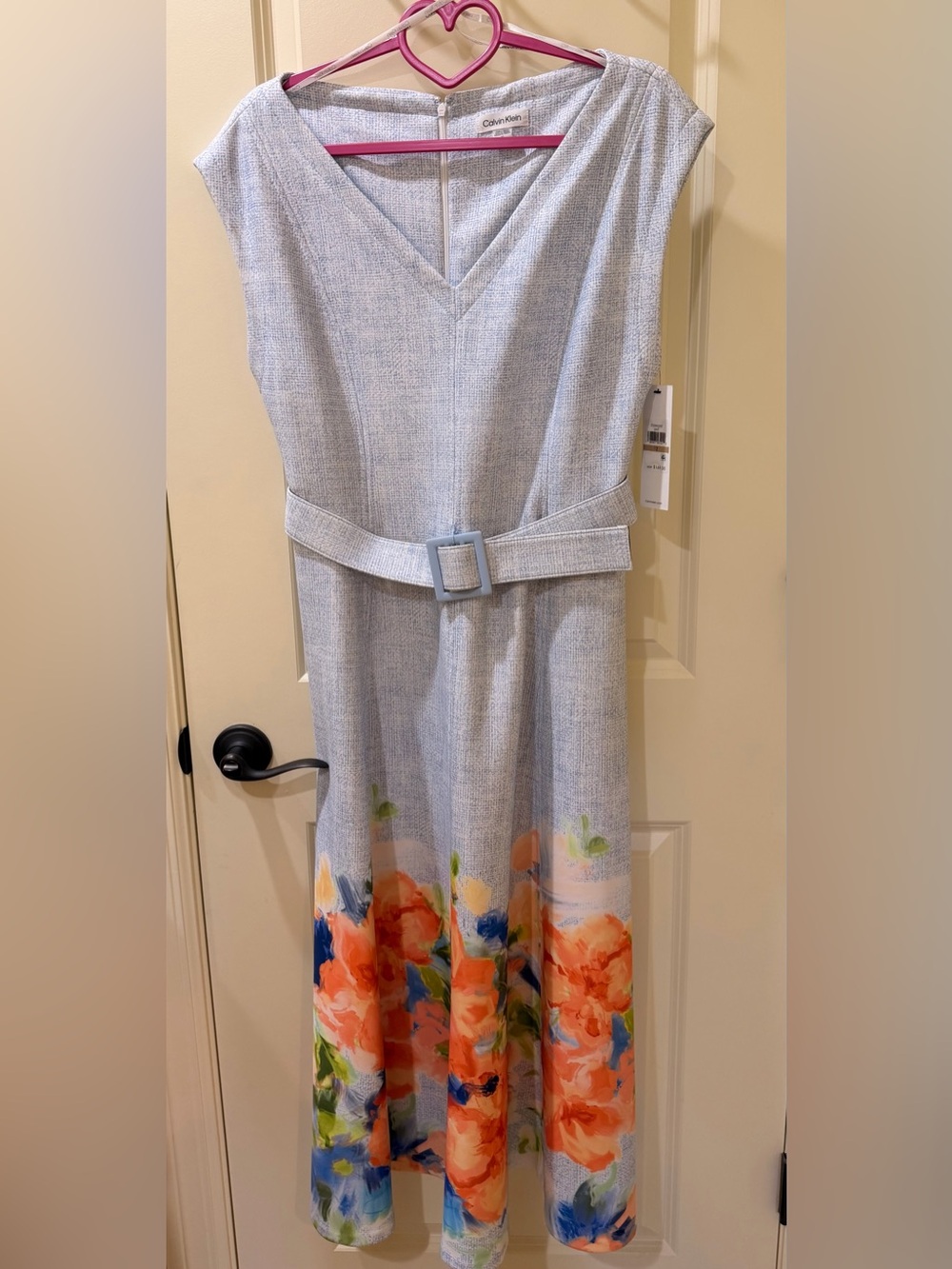 NWT Calvin Klein Size 12 Blue Floral Belted V-Neck Fit & Flare Dress